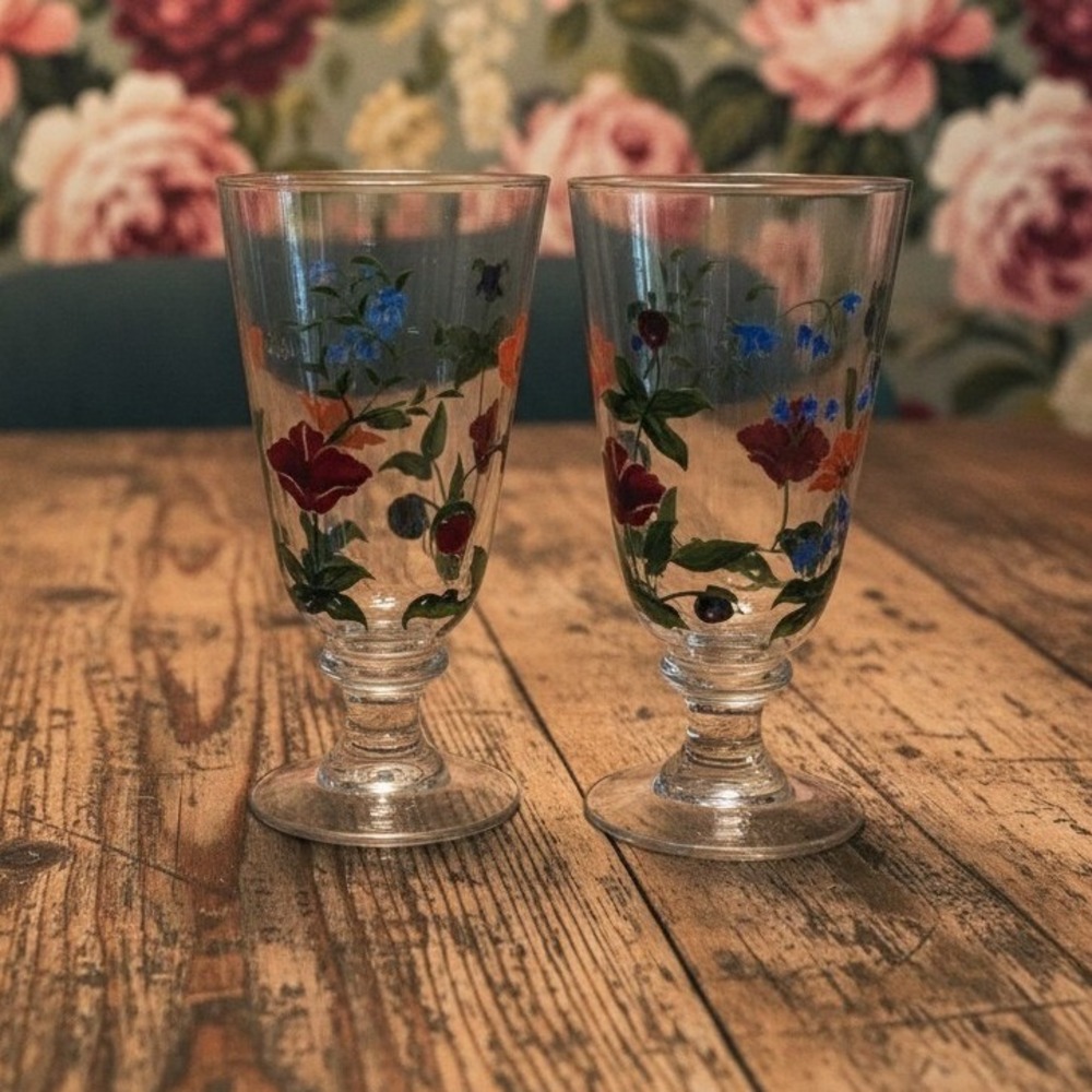 Oneida Crimson Bloom Water Goblets, Set of 2 Vintage Hand Painted Floral Glasses